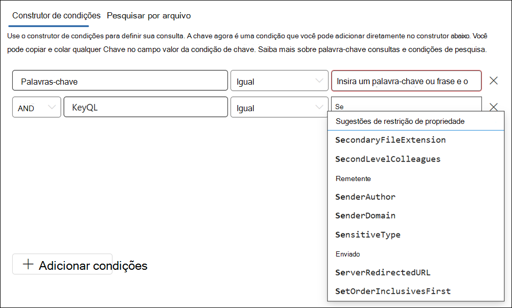 O editor do KeyQL sugere propriedades suportadas