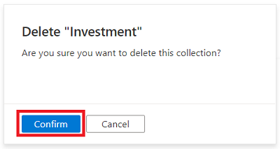 Captura de ecrã da janela do portal de governação do Microsoft Purview a mostrar a mensagem de confirmação para eliminar uma coleção