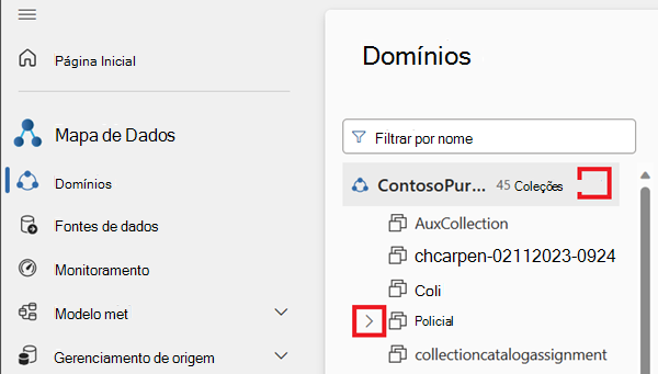 Captura de ecrã do menu de domínios com o ícone de seta ao lado do domínio predefinido e uma das coleções realçadas.