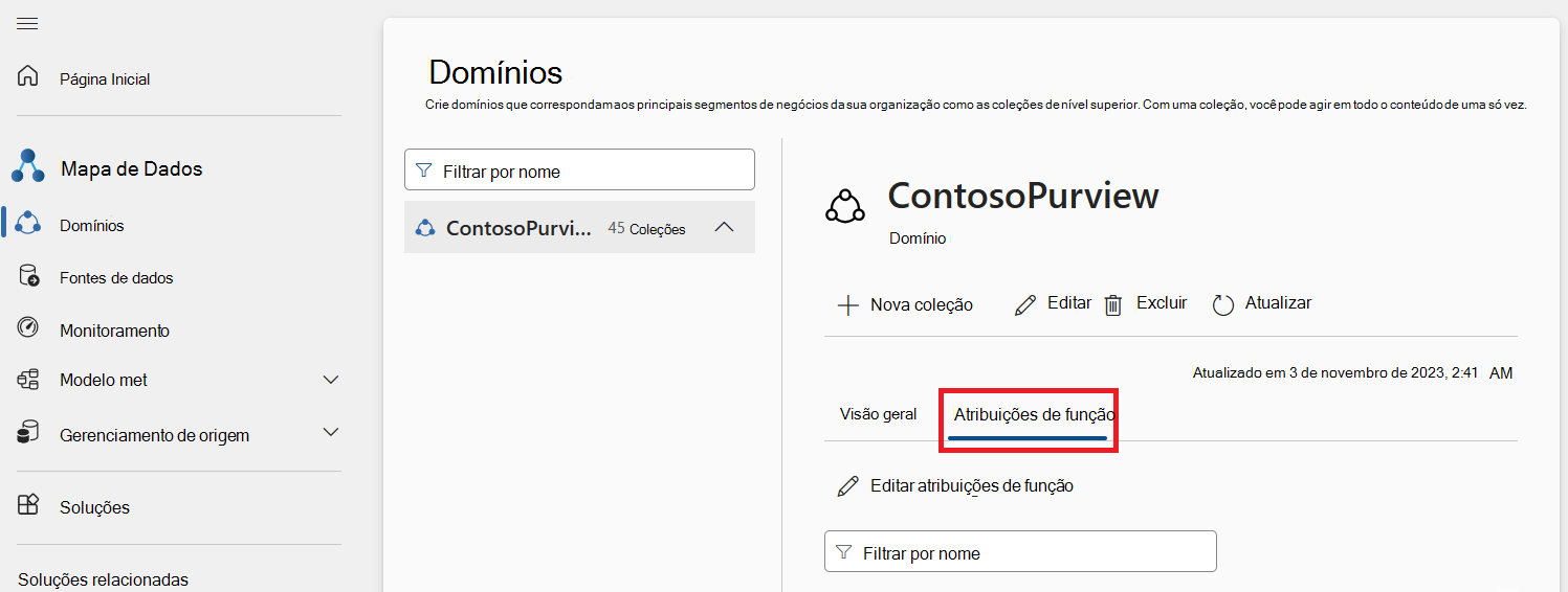 Captura de ecrã da página de detalhes de domínio predefinida com o separador Atribuições de funções selecionado.