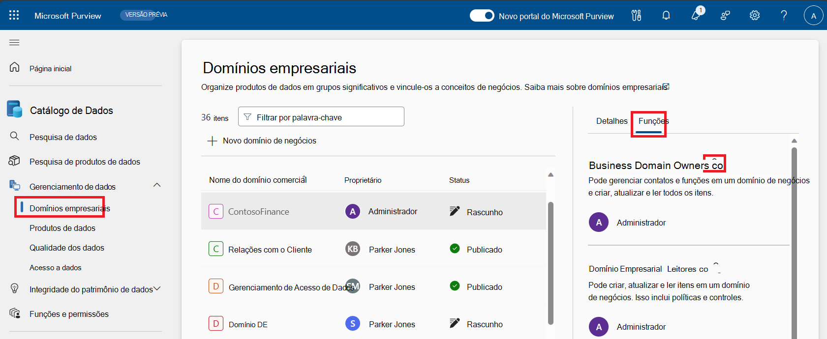 Captura de ecrã da página de funções de domínios de governação com o botão editar realçado.