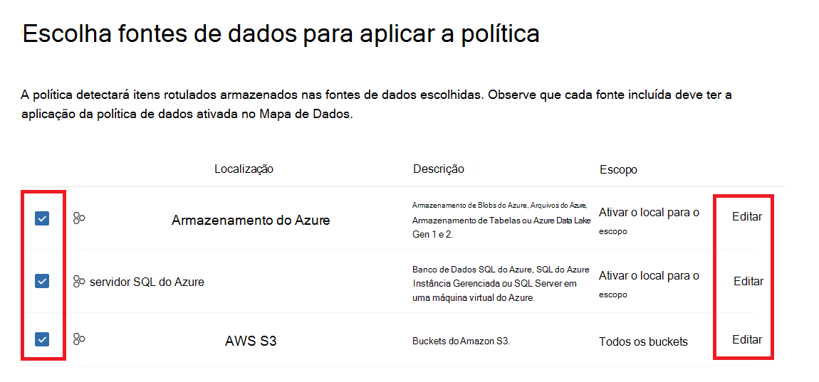 Captura de ecrã a mostrar o menu da nova política de proteção, com os botões de edição de cada origem à medida que foram selecionados.