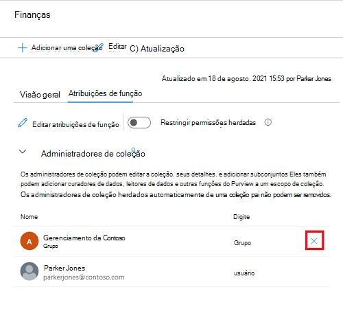 Captura de ecrã da janela coleção do portal de governação do Microsoft Purview, com o separador atribuições de funções selecionado e o botão x junto a um dos nomes realçados.