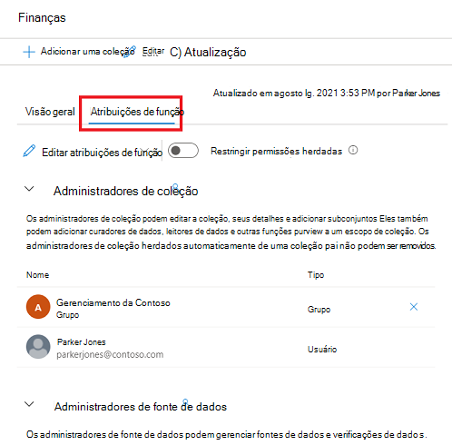 Captura de ecrã a mostrar a janela da coleção do portal de governação do Microsoft Purview, com o separador atribuições de funções realçado.