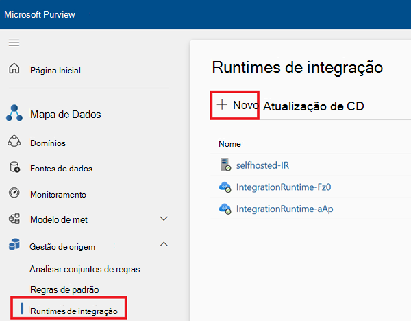 Captura de ecrã a mostrar a janela runtimes de integração no Mapa de Dados do Microsoft Purview.