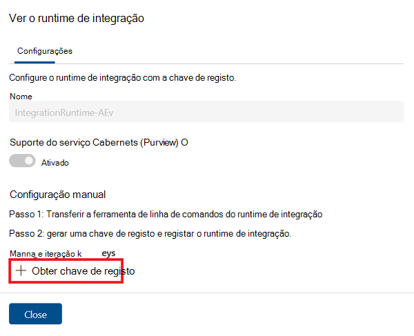 Captura de ecrã da página ver o runtime de integração com o botão Obter chave de registo realçado.