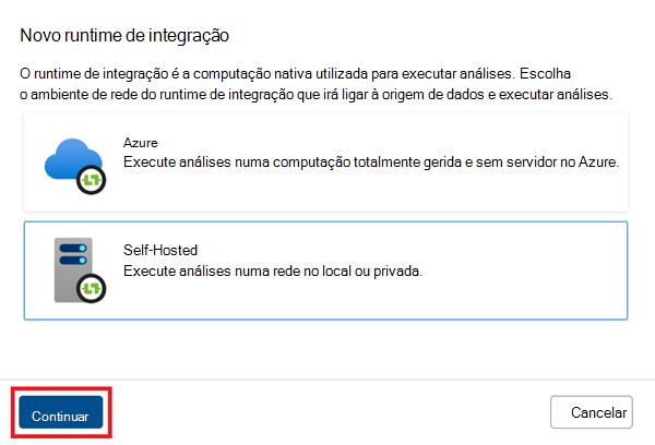 Captura de ecrã a mostrar a nova janela do runtime de integração, com a opção autoalojada selecionada.