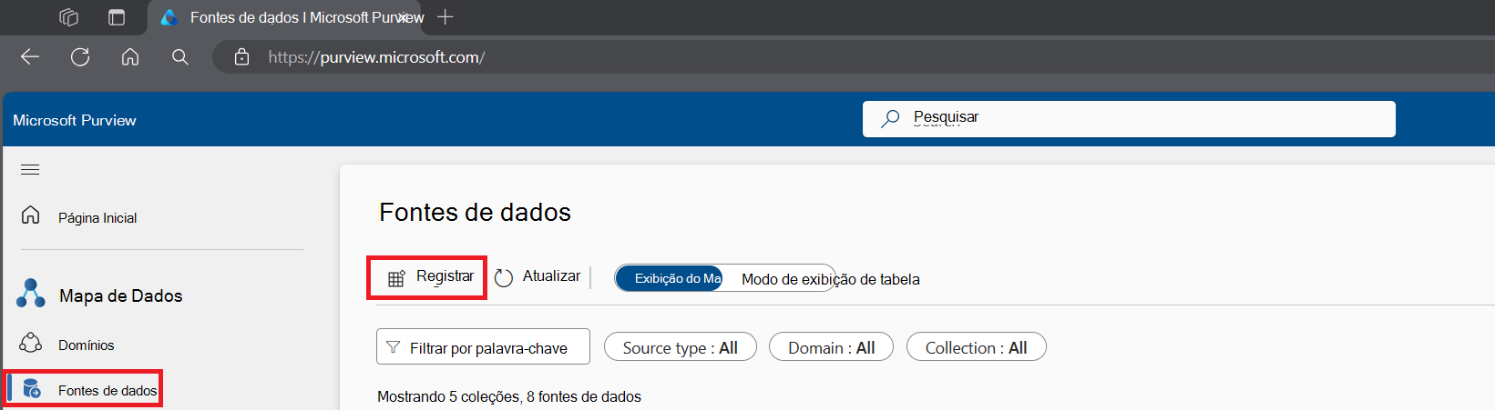 Captura de ecrã do portal de governação do Microsoft Purview.