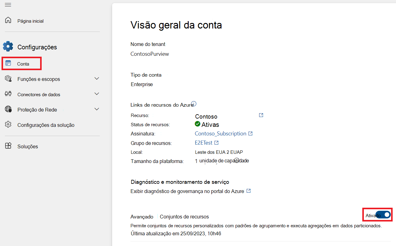 Captura de ecrã da página da conta nas definições, com o botão de alternar Conjuntos de recursos avançados definidos como ativado.