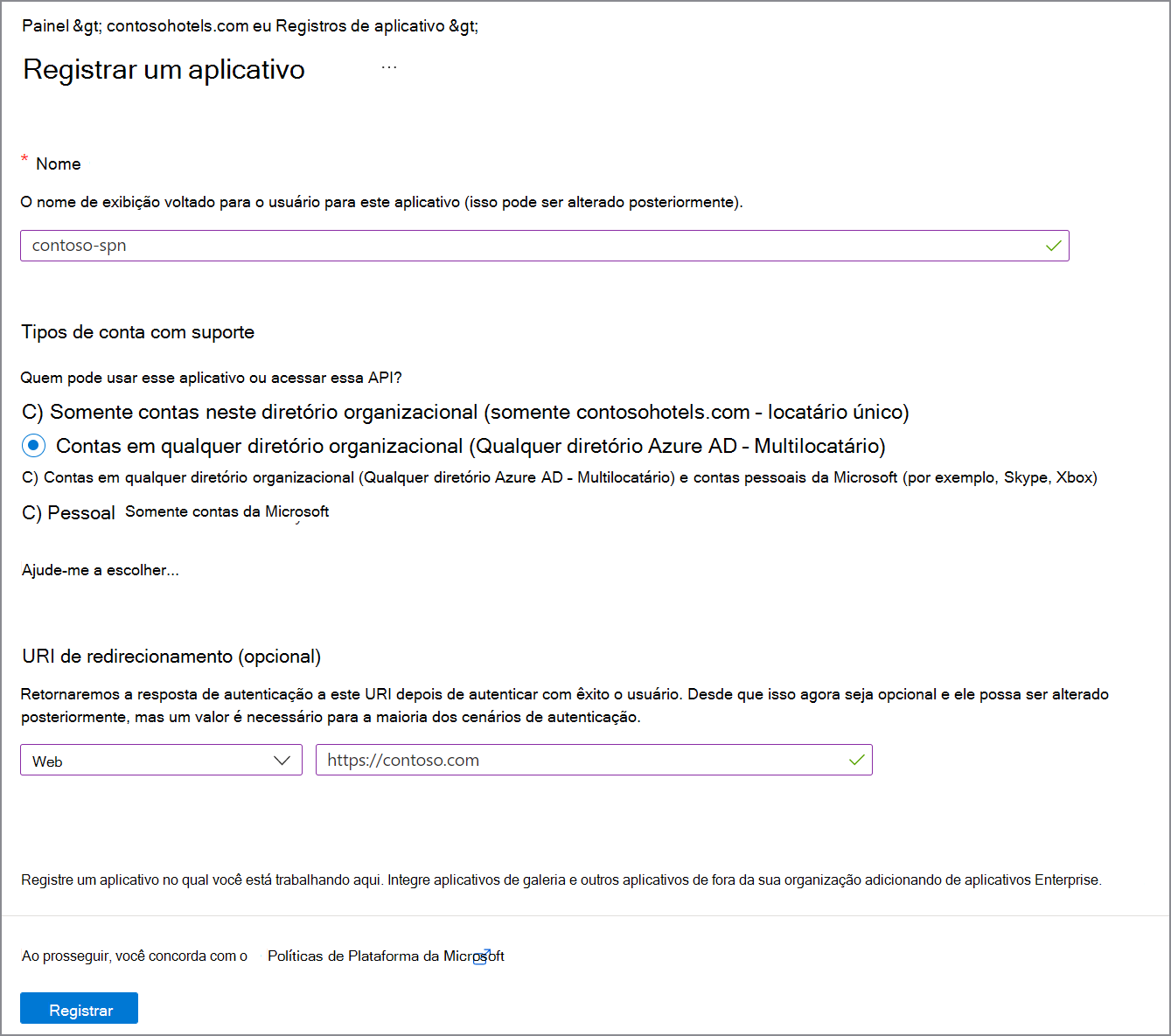 Captura de ecrã a mostrar como criar a Aplicação no Microsoft Entra ID para entre inquilinos.