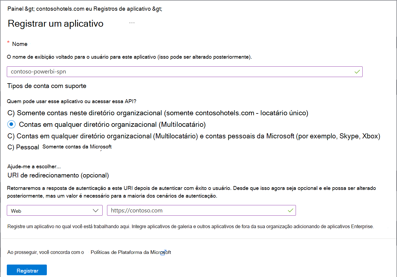 Captura de ecrã a mostrar como criar a Aplicação no Microsoft Entra ID para entre inquilinos.