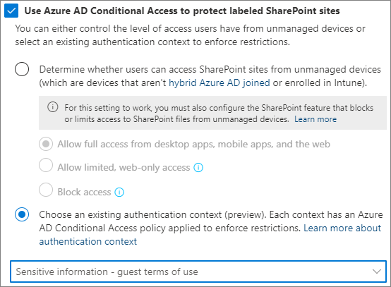 Captura de ecrã a mostrar as definições de etiqueta de confidencialidade do contexto de autenticação do Microsoft Entra