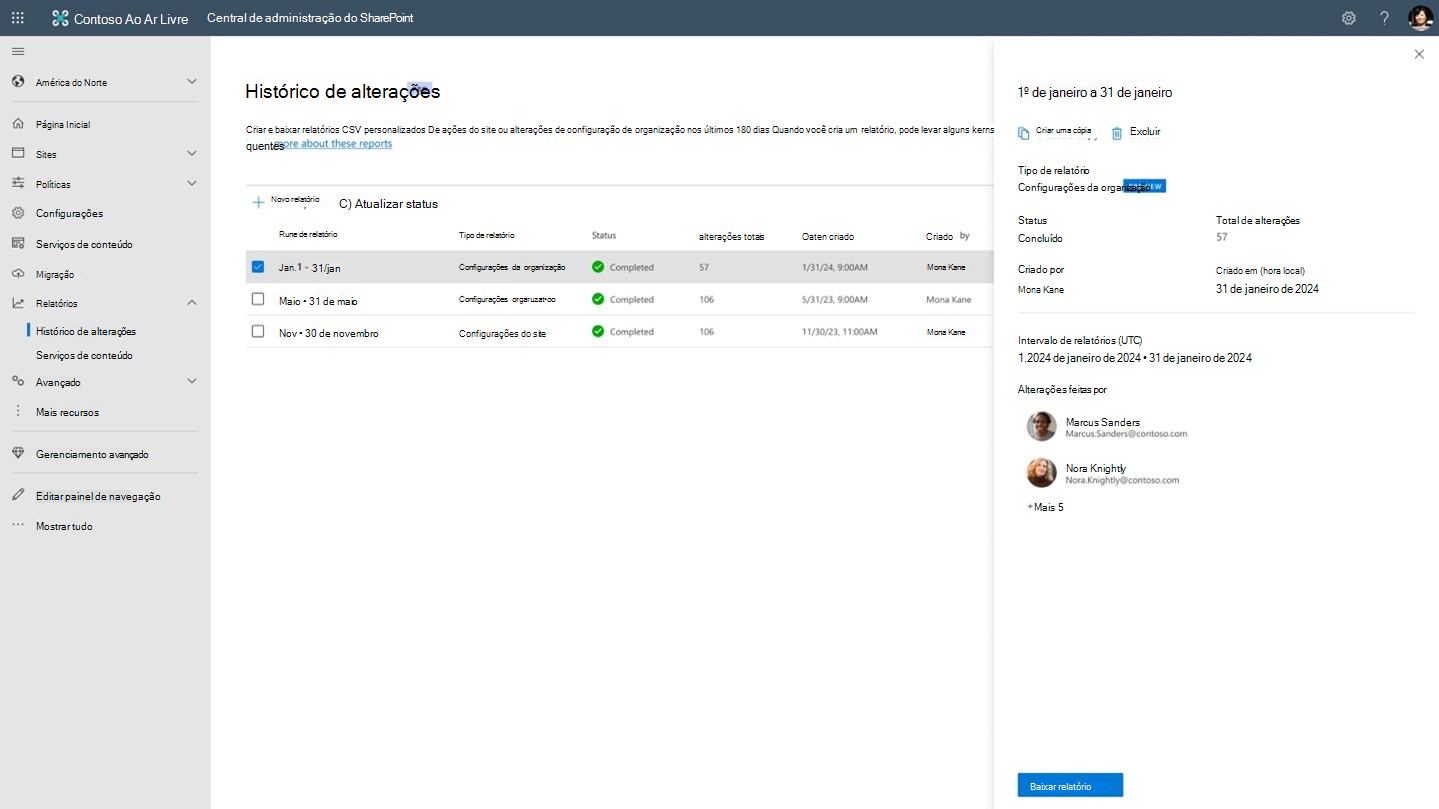 Captura de ecrã do histórico de alterações dashboard com um novo painel de relatório pré-preenchido.