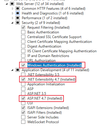 Uma captura de ecrã das funcionalidades do Servidor Web necessárias para o Gestor de Fluxos de Trabalho do SharePoint.