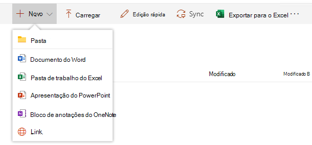 Captura de ecrã a mostrar o botão Novo com extensões de ficheiro no browser da biblioteca do SharePoint.