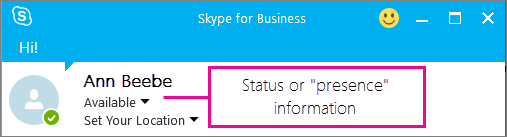 Um exemplo do estado online de uma pessoa no Skype para Empresas.