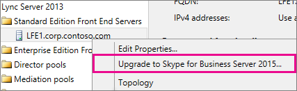 Captura de tela do menu com o botão direito do mouse com a opção de atualização para o Lync Server 2013.