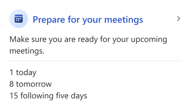 Captura de ecrã do card Preparar as suas reuniões no suplemento Viva Insights Outlook.
