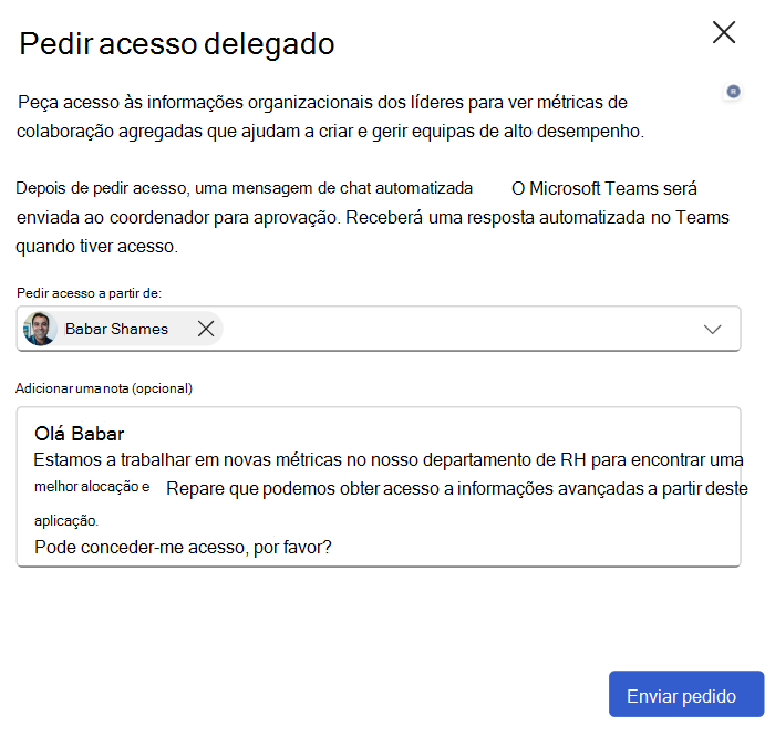 Captura de ecrã a mostrar como pedir acesso delegado.