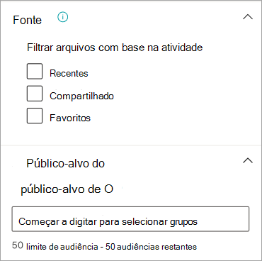 Captura de ecrã a mostrar as opções de origem de ficheiros e de filtragem de audiências no painel de propriedades card do OneDrive.