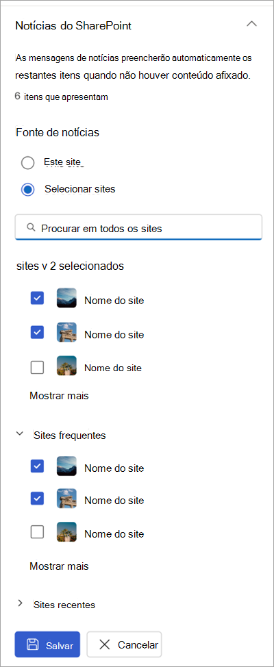 Captura de ecrã do painel de propriedades de definições em destaque que lista os sites de notícias do SharePoint disponíveis.