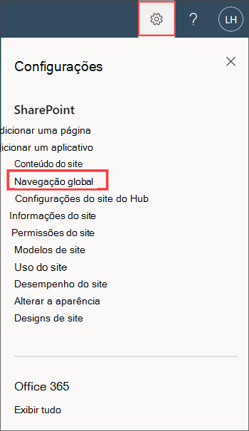 Captura de tela da opção de navegação global no painel de configurações.