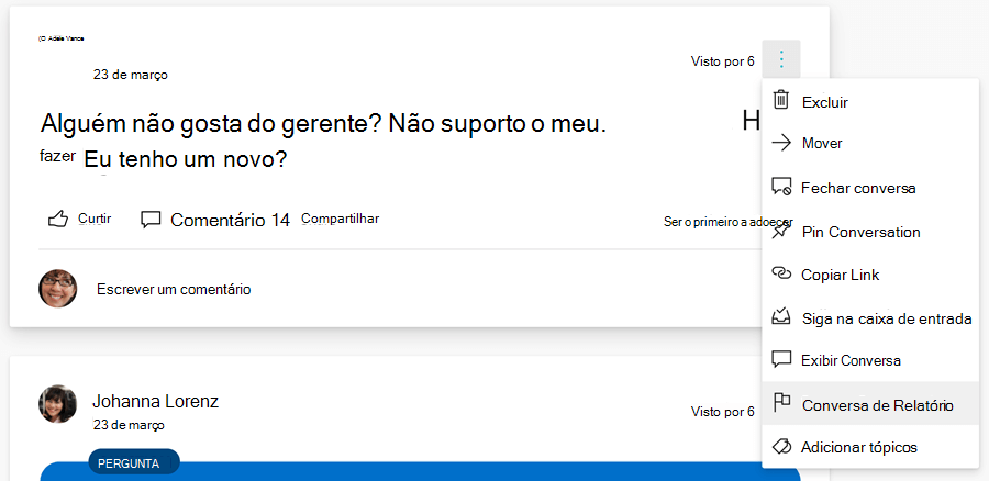 Captura de tela mostrando o relatório do usuário para início da conversa.