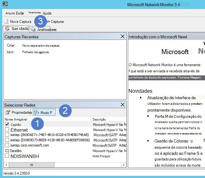 Captura de ecrã a mostrar a caixa de diálogo Monitor de Rede da Microsoft com o botão Nova Captura.