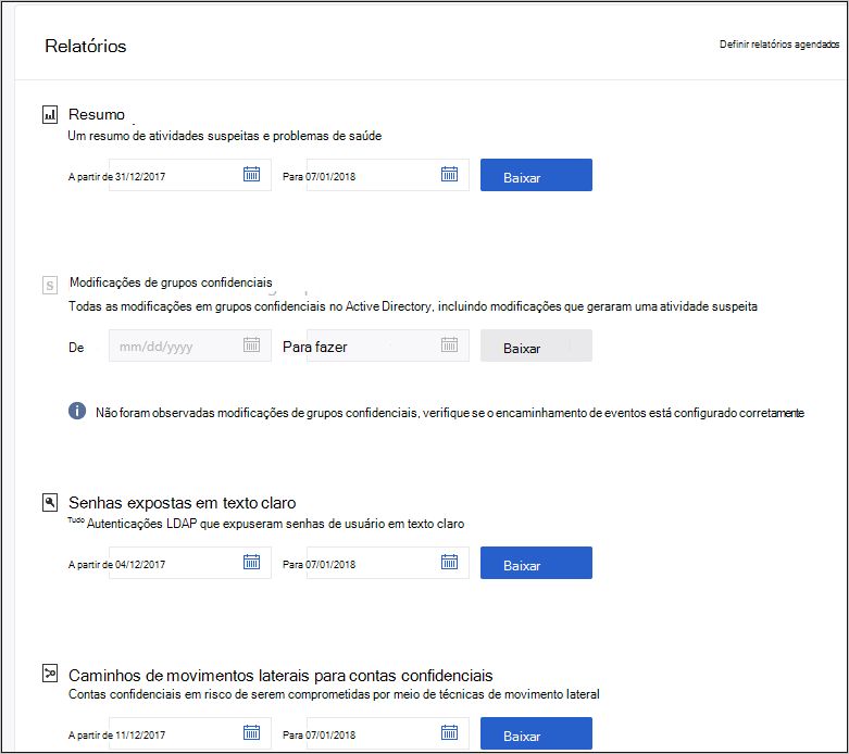 Captura de ecrã a mostrar a seleção da data do relatório.