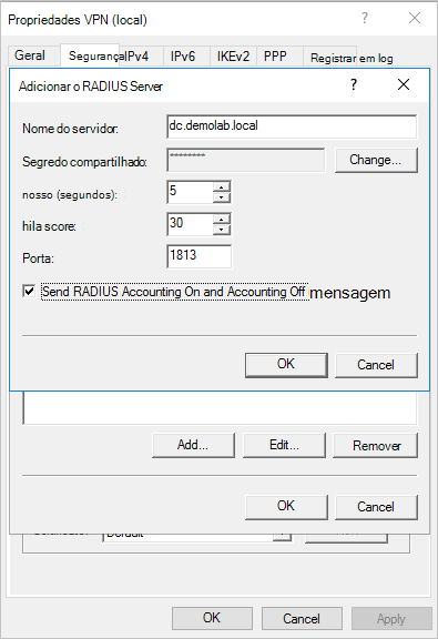 Captura de ecrã a mostrar a configuração da VPN.