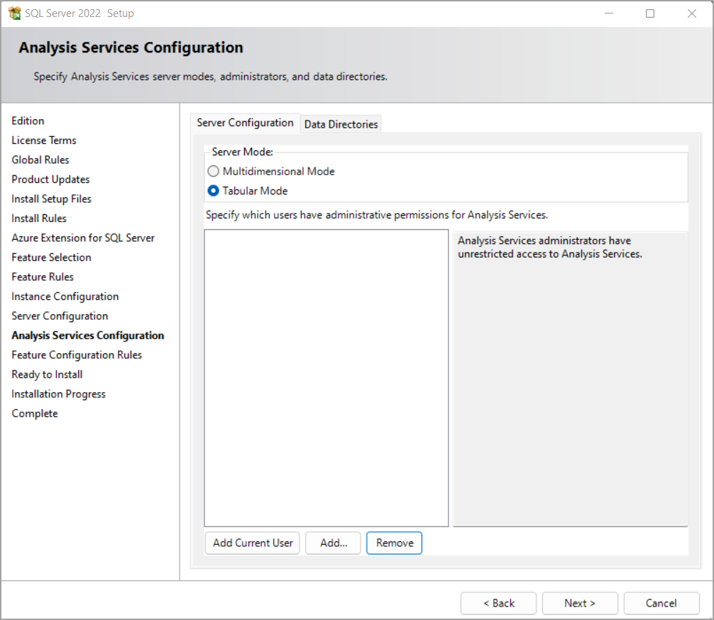 Página de instalação com opções de configuração do Analysis Services