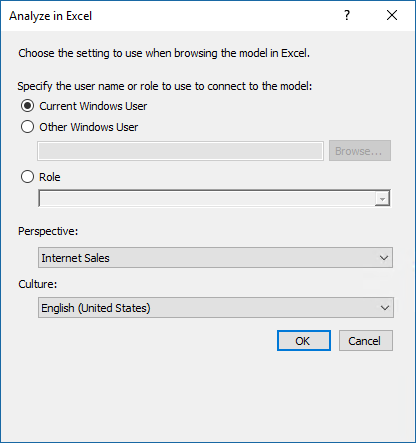 Captura de tela da caixa de diálogo Analisar no Excel mostrando as opções corretas selecionadas.