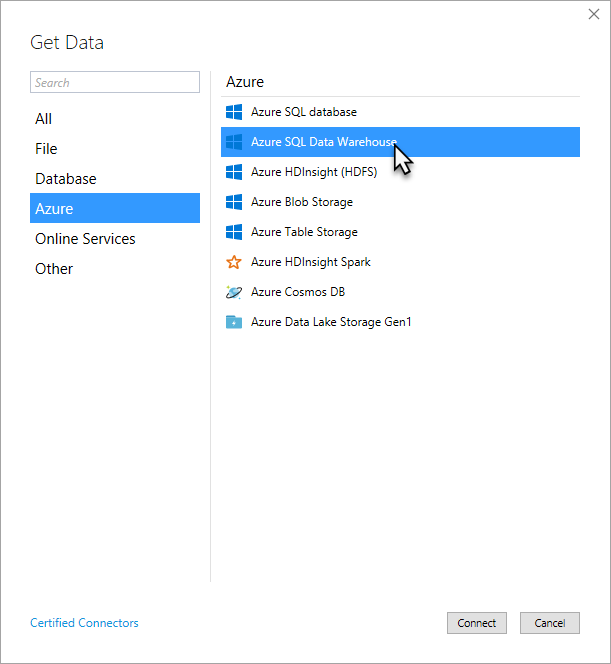 Captura de tela da caixa de diálogo Obter Dados com as opções do Azure e do SQL do Azure Data Warehouse altamenteligadas e selecionadas.