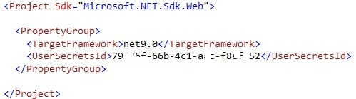 A configuração da propriedade UserSecretsId do MS Build no arquivo de projeto do aplicativo.