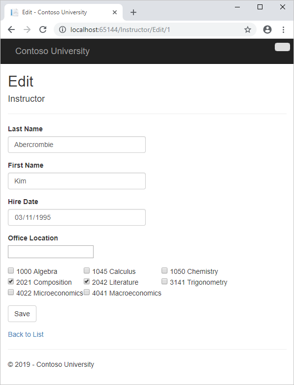 Edição de instrutor com cursos