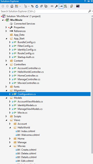 Captura de tela que mostra o Gerenciador de Soluções. A subpasta Configuration dot c s da pasta Migrações está selecionada.