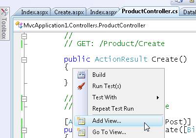 Captura de tela do arquivo ponto c s do Controlador de Produto no editor de código, que mostra o menu de clique com o botão direito do mouse com o item de menu Adicionar Exibição realçado.