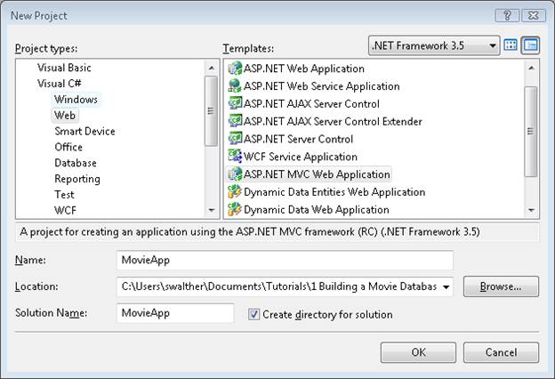 Captura de tela da caixa de diálogo Novo Projeto, que mostra que o modelo de Aplicativo Web ASP dot Net MVC está selecionado e Aplicativo de Filme no campo Nome.