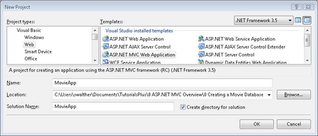 A captura de tela da caixa de diálogo Novo Projeto, que mostra o modelo ASP dot Net MVC Web Application está selecionada e o Aplicativo de Filme no campo Nome.