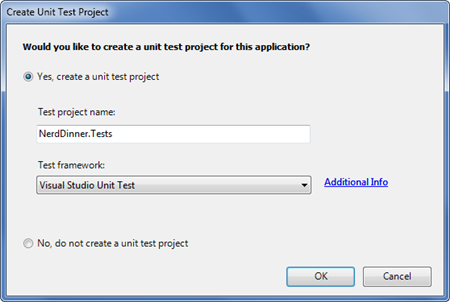 Captura de tela da caixa de diálogo Criar Projeto de Teste de Unidade. Sim, criar um projeto de teste de unidade está selecionado. Nerd Dinner dot Tests é escrito como o nome do projeto de teste.