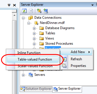 Captura de tela do Servidor S Q L. Table-Valued função está realçada.