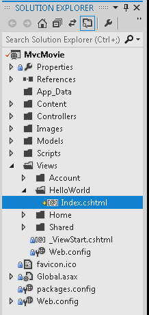 Captura de tela que mostra o Gerenciador de Soluções. Index dot c s h t m l está selecionado na subpasta Olá, Mundo.