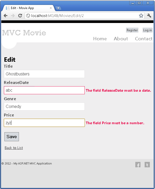 Captura de tela que mostra a página Editar do aplicativo Filme MVC. Dois campos de texto, Data de lançamento e Preço, são destacados, solicitando que o usuário insira os valores corretos.