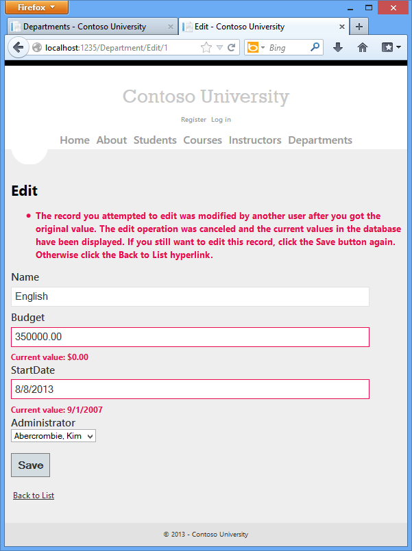 A captura de tela mostra a página da Universidade com uma mensagem que explica que a operação foi cancelada porque o valor foi alterado por outro usuário.