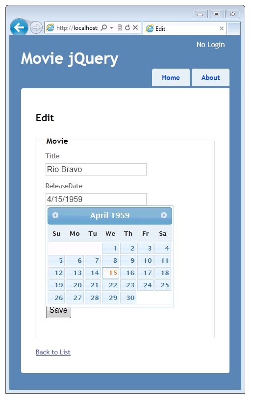 Captura de tela da janela jQuery do filme mostrando o modo de exibição Editar com um campo Título e um campo Data de lançamento com um calendário pop-up do seletor de data da interface do usuário do jQuery.