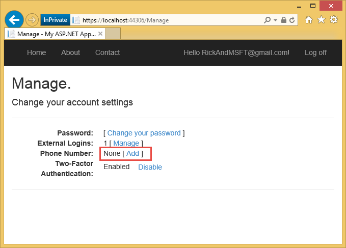 Captura de tela que mostra a página Configurações da Conta do aplicativo A SP dot NET. A seção Nenhum Adicionar ao lado de Número de Telefone está realçada.