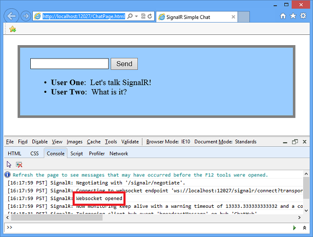 Console na Internet Explorer mostrando o transporte WebSocket