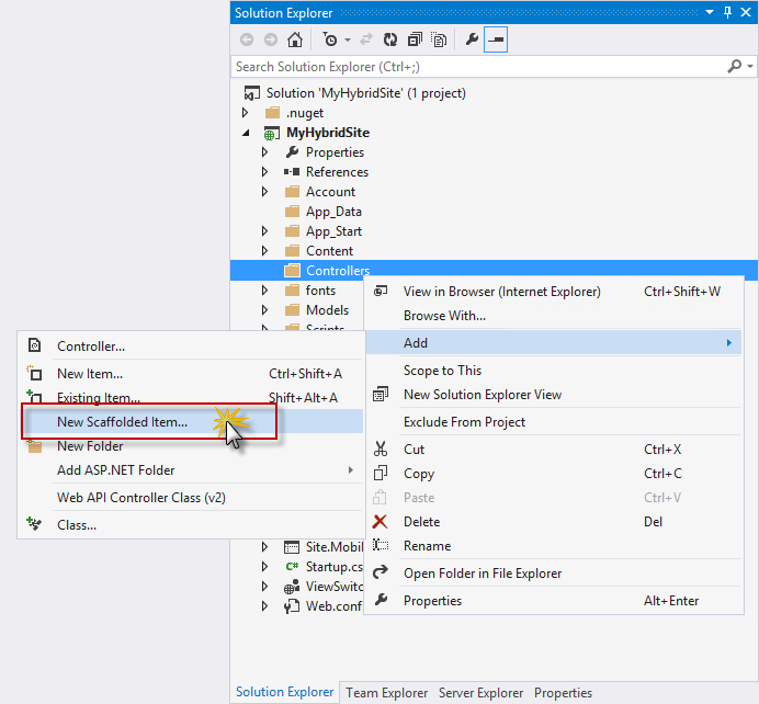 Captura de tela mostrando como criar um Controlador MVC selecionando Novo Item Scaffolded no Gerenciador de Soluções.