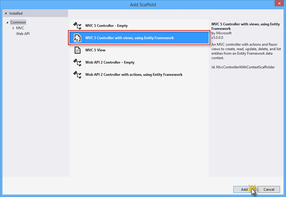 Selecionando Controlador MVC 5 com exibições e Entity Framework