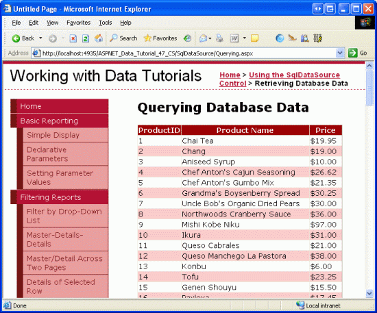 O GridView exibe os valores ProductID, ProductName e UnitPrice de cada produto